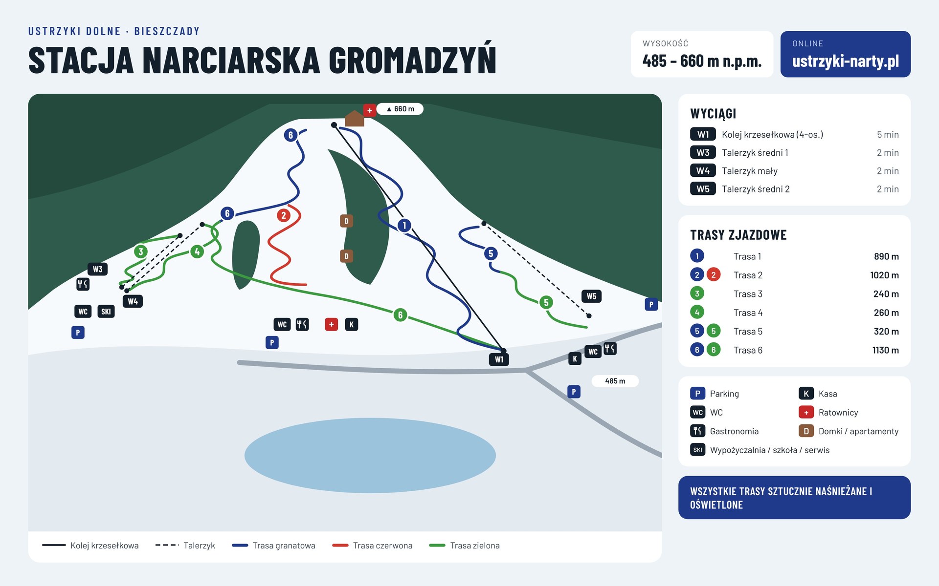 Mapa tras i wyciągów stacji narciarskiej Gromadzyń w Ustrzykach Dolnych